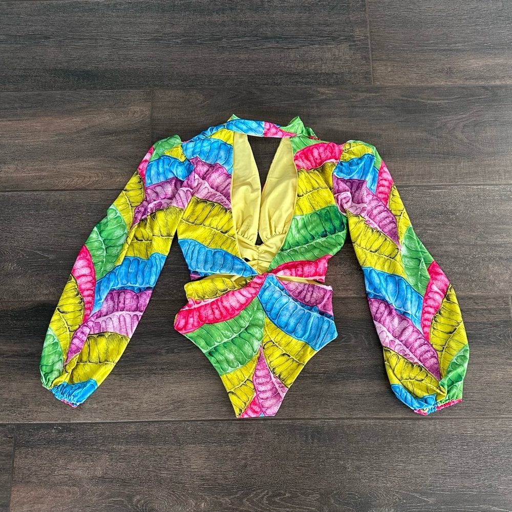 Sexy Tropical Leaves Sea Cycle Swim Long Sleeve Cut Out Swimsuit Sz S 4/6 - Picture 6 of 8